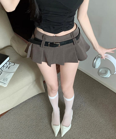 超ミニスカートベルト付きプリーツスカート インナーパンツ付きJKスカート ハイウエストセクシーコスプレAラインスカート ミニスカパン制服風美脚脚長マイクロスカート 92YIQINGYA-001