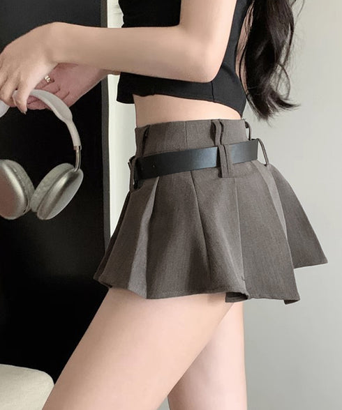 超ミニスカートベルト付きプリーツスカート インナーパンツ付きJKスカート ハイウエストセクシーコスプレAラインスカート ミニスカパン制服風美脚脚長マイクロスカート 92YIQINGYA-001