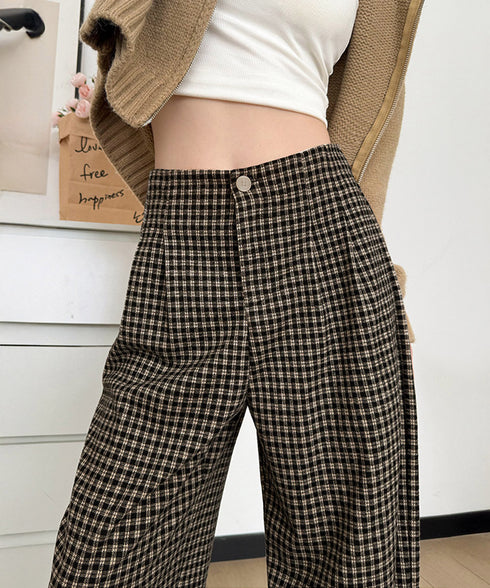 チェック柄ワイドパンツハイウエスト 秋冬 大人可愛い ストレートパンツ 体型カバー レディース フルレングスズボン 微起毛ロングパンツ レトロ風タックパンツ中厚手 92YYFS-001