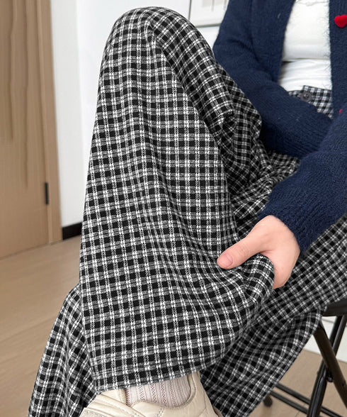 チェック柄ワイドパンツハイウエスト 秋冬 大人可愛い ストレートパンツ 体型カバー レディース フルレングスズボン 微起毛ロングパンツ レトロ風タックパンツ中厚手 92YYFS-001