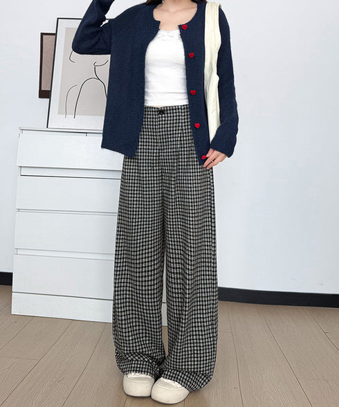 チェック柄ワイドパンツハイウエスト 秋冬 大人可愛い ストレートパンツ 体型カバー レディース フルレングスズボン 微起毛ロングパンツ レトロ風タックパンツ中厚手 92YYFS-001