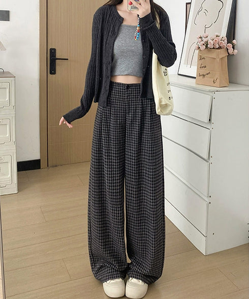 チェック柄ワイドパンツハイウエスト 秋冬 大人可愛い ストレートパンツ 体型カバー レディース フルレングスズボン 微起毛ロングパンツ レトロ風タックパンツ中厚手 92YYFS-001