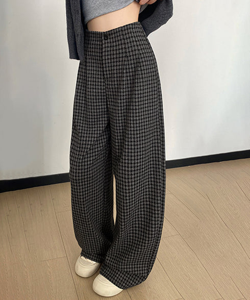 チェック柄ワイドパンツハイウエスト 秋冬 大人可愛い ストレートパンツ 体型カバー レディース フルレングスズボン 微起毛ロングパンツ レトロ風タックパンツ中厚手 92YYFS-001