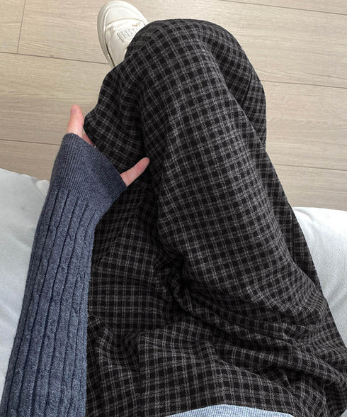 チェック柄ワイドパンツハイウエスト 秋冬 大人可愛い ストレートパンツ 体型カバー レディース フルレングスズボン 微起毛ロングパンツ レトロ風タックパンツ中厚手 92YYFS-001