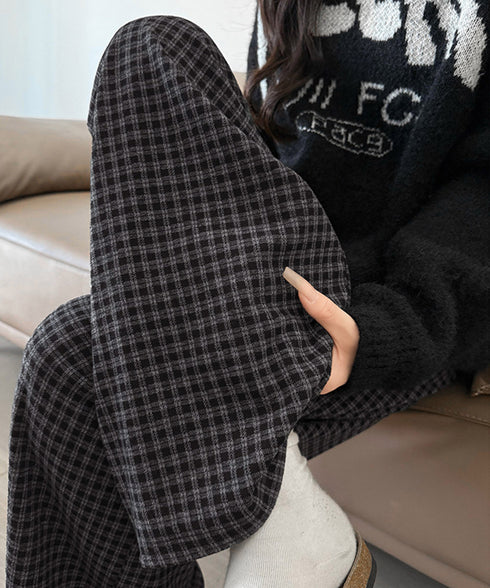 チェック柄ワイドパンツハイウエスト 秋冬 大人可愛い ストレートパンツ 体型カバー レディース フルレングスズボン 微起毛ロングパンツ レトロ風タックパンツ中厚手 92YYFS-001