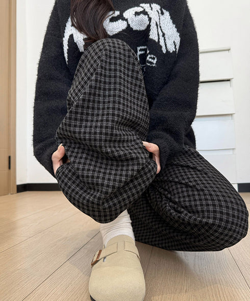 チェック柄ワイドパンツハイウエスト 秋冬 大人可愛い ストレートパンツ 体型カバー レディース フルレングスズボン 微起毛ロングパンツ レトロ風タックパンツ中厚手 92YYFS-001