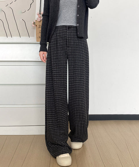 チェック柄ワイドパンツハイウエスト 秋冬 大人可愛い ストレートパンツ 体型カバー レディース フルレングスズボン 微起毛ロングパンツ レトロ風タックパンツ中厚手 92YYFS-001