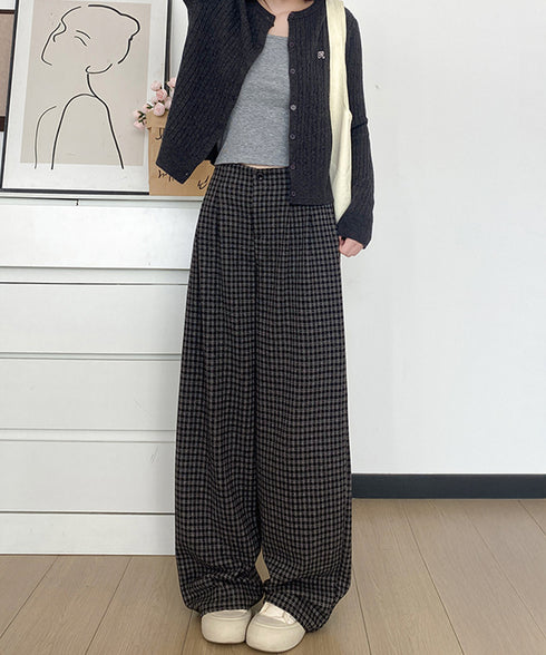 チェック柄ワイドパンツハイウエスト 秋冬 大人可愛い ストレートパンツ 体型カバー レディース フルレングスズボン 微起毛ロングパンツ レトロ風タックパンツ中厚手 92YYFS-001