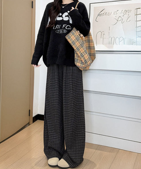 チェック柄ワイドパンツハイウエスト 秋冬 大人可愛い ストレートパンツ 体型カバー レディース フルレングスズボン 微起毛ロングパンツ レトロ風タックパンツ中厚手 92YYFS-001