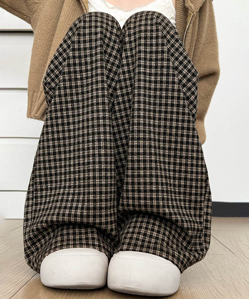 チェック柄ワイドパンツハイウエスト 秋冬 大人可愛い ストレートパンツ 体型カバー レディース フルレングスズボン 微起毛ロングパンツ レトロ風タックパンツ中厚手 92YYFS-001