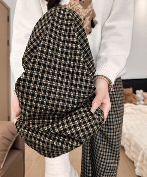 チェック柄ワイドパンツハイウエスト 秋冬 大人可愛い ストレートパンツ 体型カバー レディース フルレングスズボン 微起毛ロングパンツ レトロ風タックパンツ中厚手 92YYFS-001