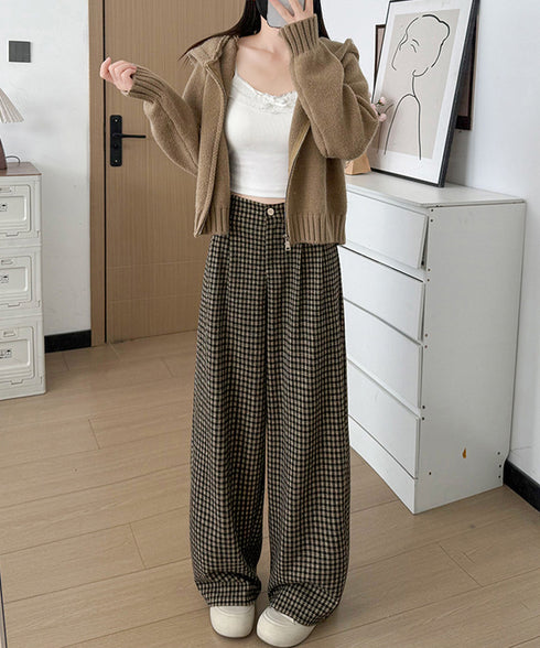 チェック柄ワイドパンツハイウエスト 秋冬 大人可愛い ストレートパンツ 体型カバー レディース フルレングスズボン 微起毛ロングパンツ レトロ風タックパンツ中厚手 92YYFS-001