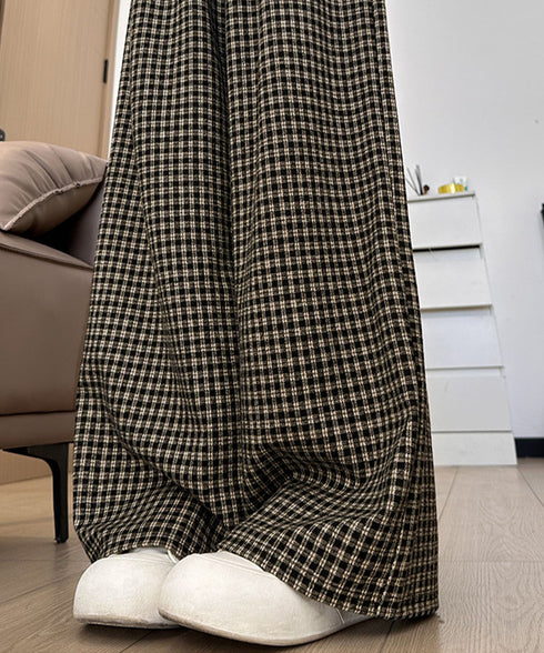 チェック柄ワイドパンツハイウエスト 秋冬 大人可愛い ストレートパンツ 体型カバー レディース フルレングスズボン 微起毛ロングパンツ レトロ風タックパンツ中厚手 92YYFS-001
