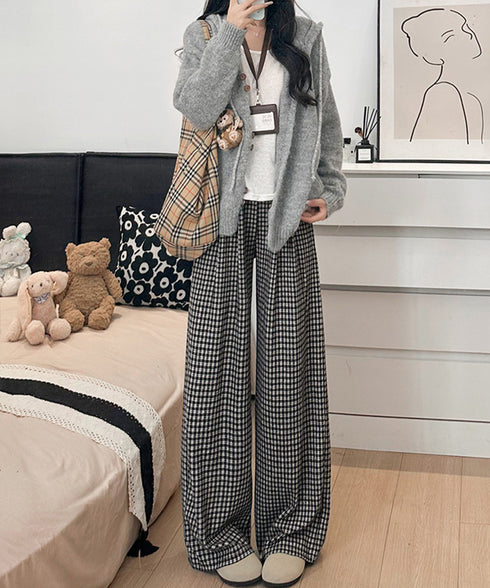 チェック柄ワイドパンツハイウエスト 秋冬 大人可愛い ストレートパンツ 体型カバー レディース フルレングスズボン 微起毛ロングパンツ レトロ風タックパンツ中厚手 92YYFS-001