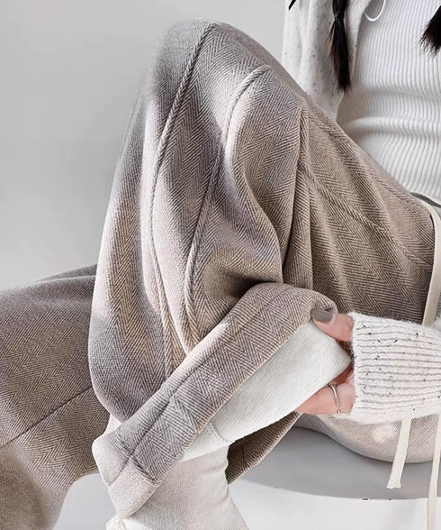 ヘリンボーン柄ワイドパンツレディース美脚 ハイウエストストレートパンツ 裏起毛ノーマル2タイプ ウエストゴムリラックスパンツ ポケット付き楽ちんイージーパンツ秋冬 92ZBB-001