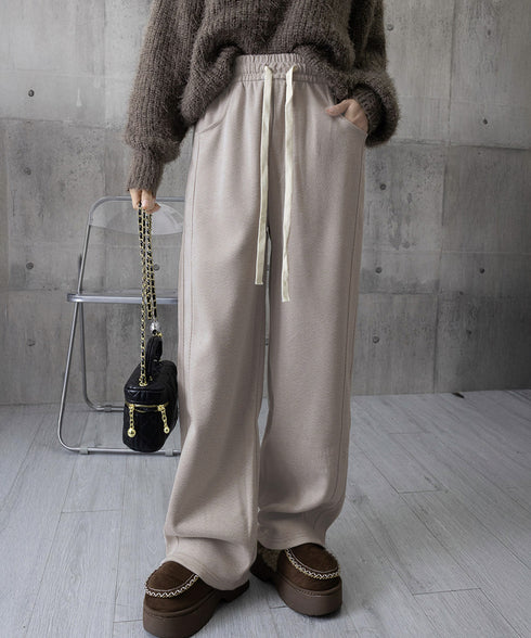 ヘリンボーン柄ワイドパンツレディース美脚 ハイウエストストレートパンツ 裏起毛ノーマル2タイプ ウエストゴムリラックスパンツ ポケット付き楽ちんイージーパンツ秋冬 92ZBB-001