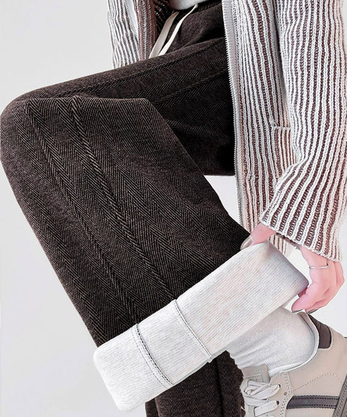 ヘリンボーン柄ワイドパンツレディース美脚 ハイウエストストレートパンツ 裏起毛ノーマル2タイプ ウエストゴムリラックスパンツ ポケット付き楽ちんイージーパンツ秋冬 92ZBB-001