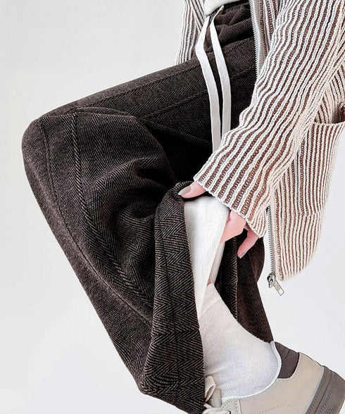 ヘリンボーン柄ワイドパンツレディース美脚 ハイウエストストレートパンツ 裏起毛ノーマル2タイプ ウエストゴムリラックスパンツ ポケット付き楽ちんイージーパンツ秋冬 92ZBB-001