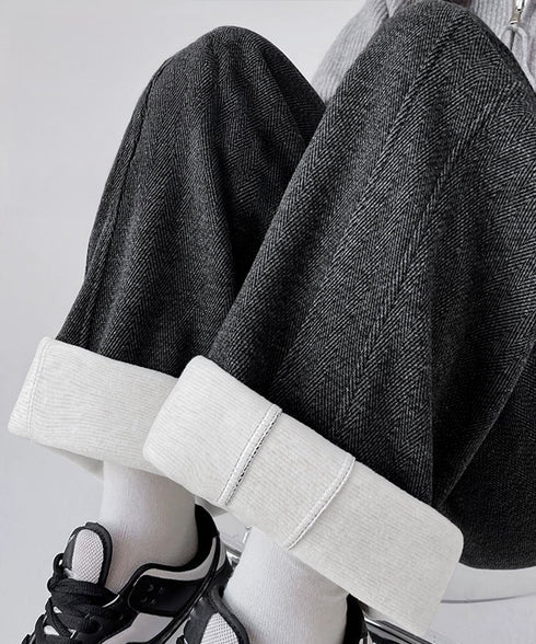 ヘリンボーン柄ワイドパンツレディース美脚 ハイウエストストレートパンツ 裏起毛ノーマル2タイプ ウエストゴムリラックスパンツ ポケット付き楽ちんイージーパンツ秋冬 92ZBB-001