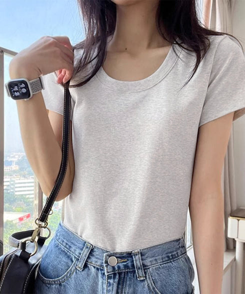 半袖tシャツ レディース 韓国風 ラウンドネックTシャツ 半袖トップス 柔らか素材 肌触り抜群 細見えトップスきれいめカジュアル 春夏新作トレンドアイテム 95DUANXIU-001