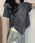 レディース アシンメトリー Tシャツ シンプル リボンドロストトップス 抜け感 シャーリング半袖 薄手 サイド絞り半袖 韓国風 ドロスト Tシャツ 95DUANXIU-002