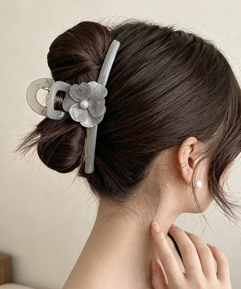 バンスクリップ 大きめ ヘアアクセサリー 透明艶感 パールヘアクリップ シンプル上品 ヘアアクセサリー 大ぶり花モチーフ オフィス シンプル髪留め 95FASHI-010