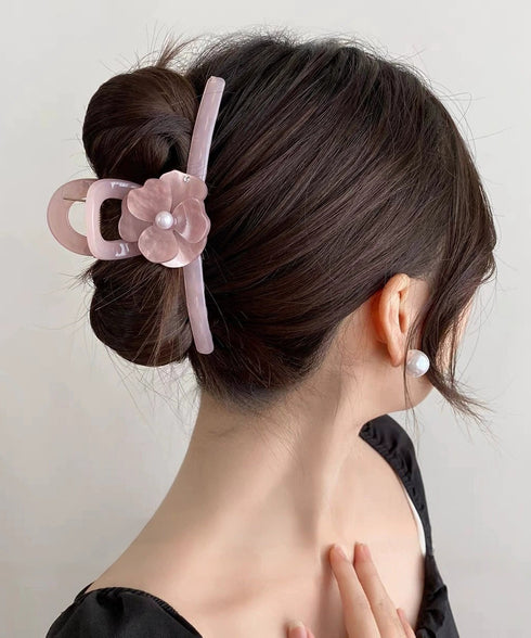 バンスクリップ 大きめ ヘアアクセサリー 透明艶感 パールヘアクリップ シンプル上品 ヘアアクセサリー 大ぶり花モチーフ オフィス シンプル髪留め 95FASHI-010