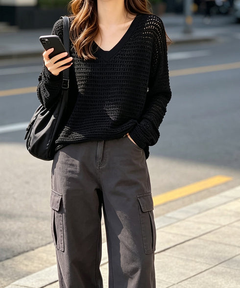 サマーニットVネックニットトップス韓国風 Vネックメッシュニット サマーニットトップス 透かし編みニット 抜け感トップス 大人カジュアル デイリーコーデ 95CHENXIN-001