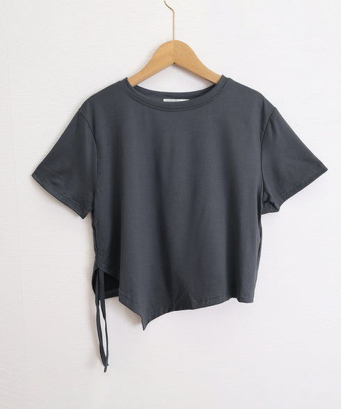 レディース アシンメトリー Tシャツ シンプル リボンドロストトップス 抜け感 シャーリング半袖 薄手 サイド絞り半袖 韓国風 ドロスト Tシャツ 95DUANXIU-002