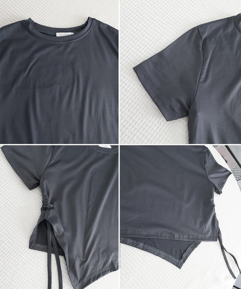 レディース アシンメトリー Tシャツ シンプル リボンドロストトップス 抜け感 シャーリング半袖 薄手 サイド絞り半袖 韓国風 ドロスト Tシャツ 95DUANXIU-002