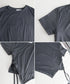 レディース アシンメトリー Tシャツ シンプル リボンドロストトップス 抜け感 シャーリング半袖 薄手 サイド絞り半袖 韓国風 ドロスト Tシャツ 95DUANXIU-002