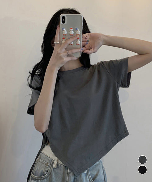 レディース アシンメトリー Tシャツ シンプル リボンドロストトップス 抜け感 シャーリング半袖 薄手 サイド絞り半袖 韓国風 ドロスト Tシャツ 95DUANXIU-002