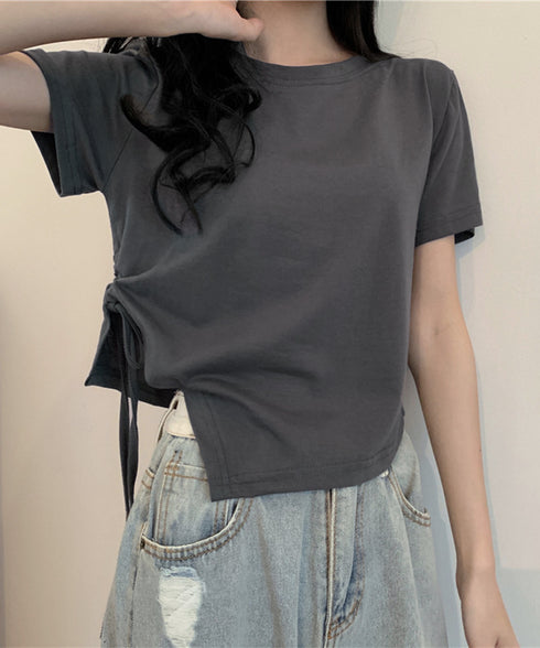 レディース アシンメトリー Tシャツ シンプル リボンドロストトップス 抜け感 シャーリング半袖 薄手 サイド絞り半袖 韓国風 ドロスト Tシャツ 95DUANXIU-002