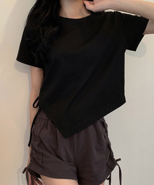 レディース アシンメトリー Tシャツ シンプル リボンドロストトップス 抜け感 シャーリング半袖 薄手 サイド絞り半袖 韓国風 ドロスト Tシャツ 95DUANXIU-002