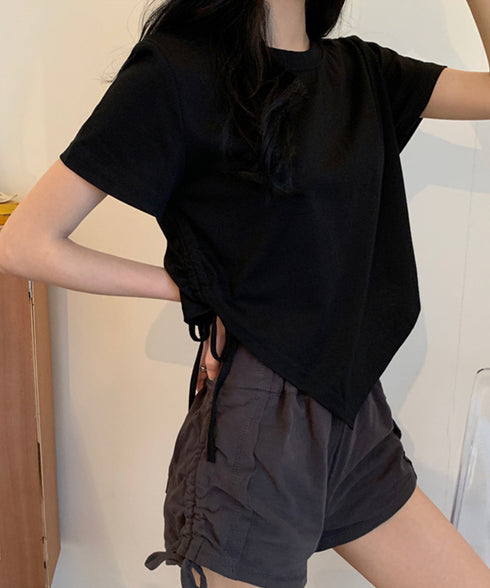 レディース アシンメトリー Tシャツ シンプル リボンドロストトップス 抜け感 シャーリング半袖 薄手 サイド絞り半袖 韓国風 ドロスト Tシャツ 95DUANXIU-002