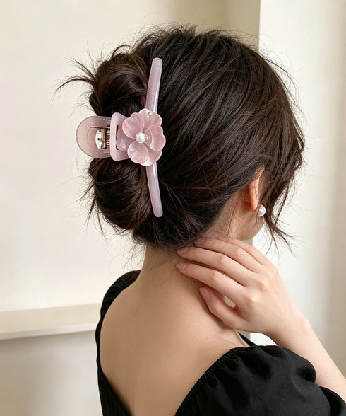 バンスクリップ 大きめ ヘアアクセサリー 透明艶感 パールヘアクリップ シンプル上品 ヘアアクセサリー 大ぶり花モチーフ オフィス シンプル髪留め 95FASHI-010