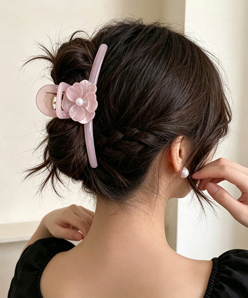 バンスクリップ 大きめ ヘアアクセサリー 透明艶感 パールヘアクリップ シンプル上品 ヘアアクセサリー 大ぶり花モチーフ オフィス シンプル髪留め 95FASHI-010