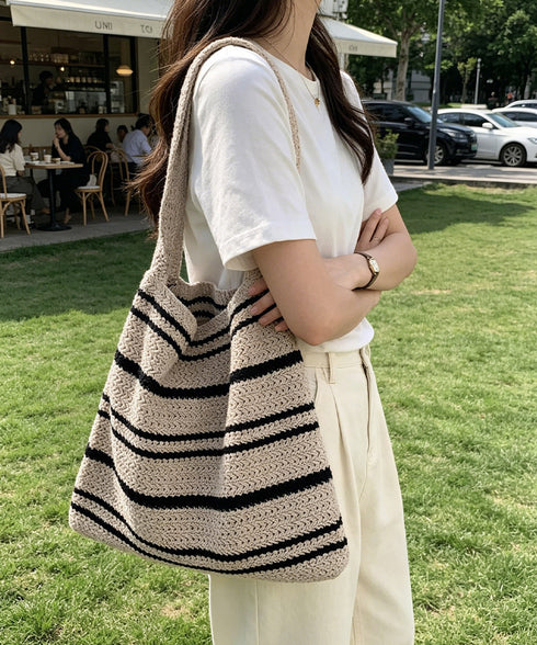 ボーダーニットトートバッグ レディース おしゃれ ニットトート 大人可愛い デイリー 肩掛け 夏らしい 軽量 無地 ナチュラル 大人可愛い 95JBAO-003