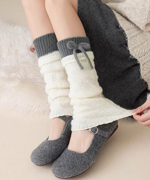 リボンフリルニットレッグウォーマー韓国風 配色デザインルーズレッグカバー 大人可愛いガーリー防寒あったか秋冬靴下バレエコアレディース足元アクセント重ね履きソックス 96GUOBIAO-002