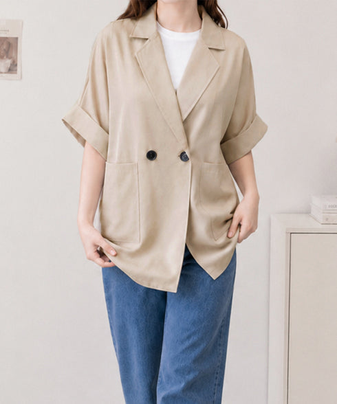 麻調半袖テーラードジャケットレディース夏 ドルマンショートスリーブジャケット サマーダブルブレストジャケット 韓国風 大人きれいめスーツ羽織り薄手 冷房対策重ね着 96HXINER-001