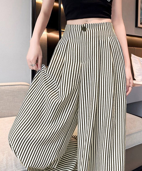 ワイドパンツストライプ柄ロングパンツ春夏 レディース ハイウエスガウチョパンツ ゆったりタックパンツ着やせ カジュアルリラックスパンツ ポケット付き長ズボン涼しげ 96JIXING-001