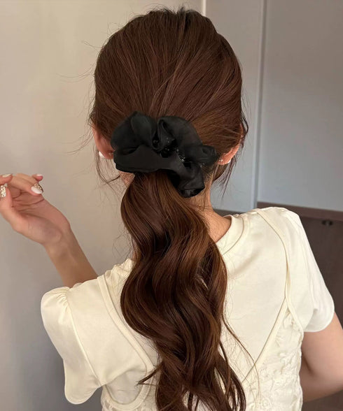 サテンシュシュ大きめ ボリュームヘアゴム オーガンジーサテン ギャザーシュシュ 透け感シアー髪飾り 大人可愛いヘアアクセサリー キラキラ韓国風髪留め 発表会女子会 96JUNS-003