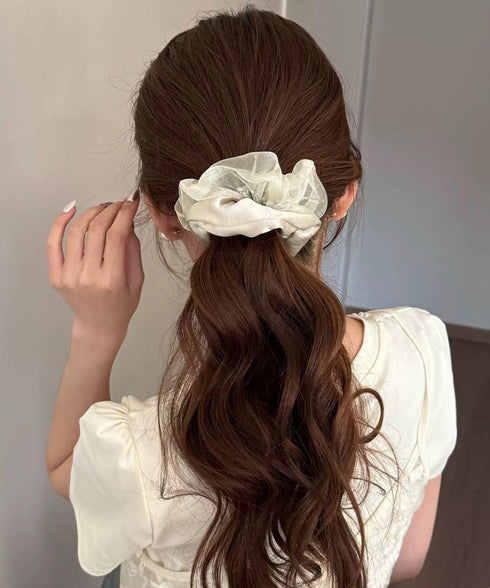 サテンシュシュ大きめ ボリュームヘアゴム オーガンジーサテン ギャザーシュシュ 透け感シアー髪飾り 大人可愛いヘアアクセサリー キラキラ韓国風髪留め 発表会女子会 96JUNS-003