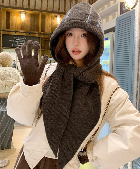北欧風ニットバラクラバフードマフラー防寒 ノルディック柄バラクラバ レトロジャガード柄可愛いニット帽 韓国風暖かい おしゃれニットキャップマフラーネックウォーマー 96RFANG-001