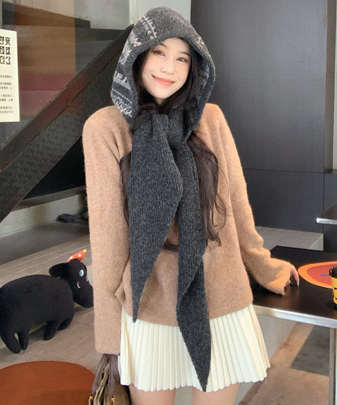 北欧風ニットバラクラバフードマフラー防寒 ノルディック柄バラクラバ レトロジャガード柄可愛いニット帽 韓国風暖かい おしゃれニットキャップマフラーネックウォーマー 96RFANG-001