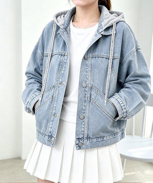 フード付きデニムジャケット韓国風アウター レディース カジュアル重ね着風デニムアウター ボーイッシュ ストリート風ジャケットゆったフーディーアウターおしゃれ羽織り 96XSYAN-001