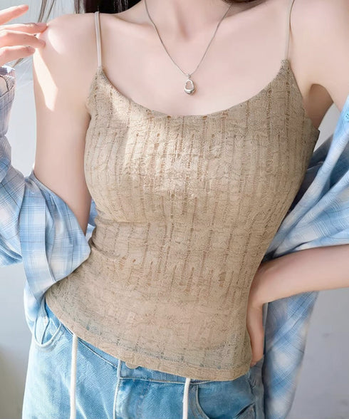 カップ付きキャミソール縦透かし編みキャミ Uネックサマーニットキャミ細肩紐 美背ブラトップ ブラ一体型キャミ ナチュラルストレスフリーインナー 着回し楽ちん韓国風 96YHJJ-001