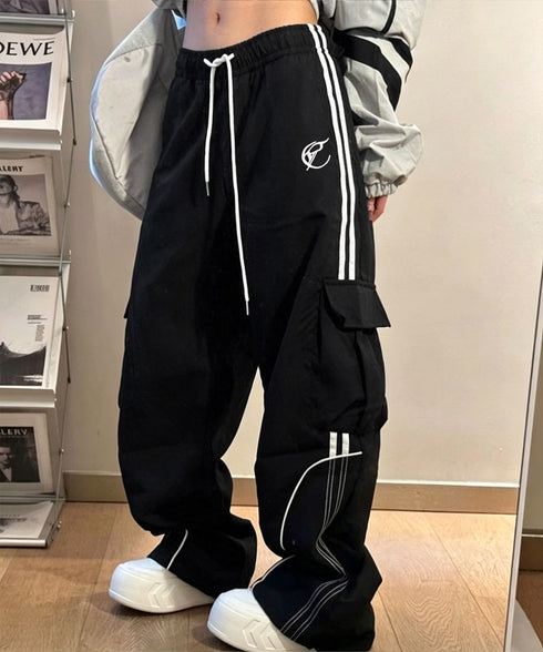カーゴパンツ サイドライントラックパンツ レディース Y2Kイージーパンツ ウエストゴムジョガーパンツ カジュアル 体型カバーボトムス脚長 ヒップホップダンス衣装 96YIDUO-001