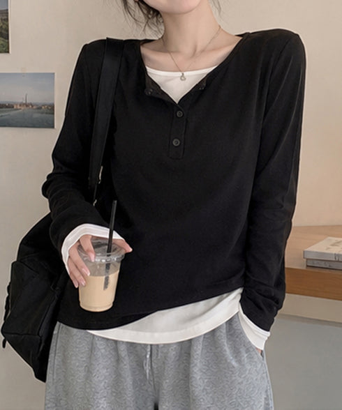 ヘンリーネック長袖リブカットソー重ね着風 フェイクレイヤードトップス秋服長袖Tシャツレディース大人カジュアル韓国風tops 前ボタン秋冬トップス着やせロンT細見え 96YKELI-004