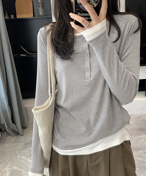ヘンリーネック長袖リブカットソー重ね着風 フェイクレイヤードトップス秋服長袖Tシャツレディース大人カジュアル韓国風tops 前ボタン秋冬トップス着やせロンT細見え 96YKELI-004
